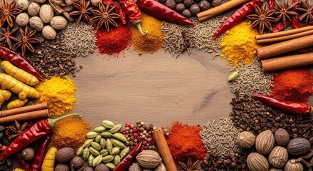 A wooden table with a variety of spices and herbs arranged in a circular pattern.