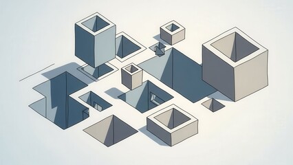 Fototapeta premium Abstract Geometric Composition of Cubes and Squares with Shadows, Architectural Study