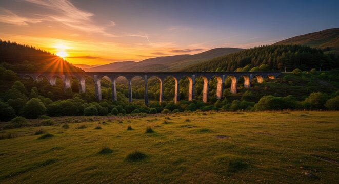 A majestic stone bridge spans across a lush green valley at sunset, with the sun setting behind it, casting a warm glow over the landscape. - Powered by Adobe