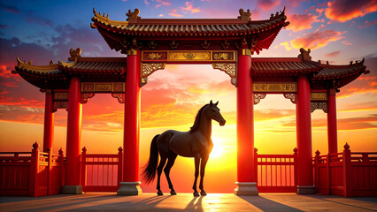 Horse silhouette covers the rising sun in an open door with Chinese ornaments. chinese new year of the horse