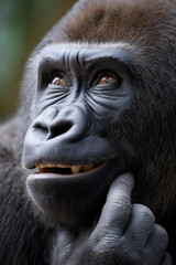 A close-up of a thoughtful gorilla showcasing its expressive face and intelligent gaze, set against a blurred natural background.