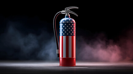 A detailed image of a fire extinguisher designed with the American flag colors, symbolizing safety and preparedness in industrial settings.