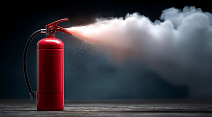 A red fire extinguisher sprays foam into the air, creating a dramatic scene. Essential for safety, it symbolizes preparedness and fire prevention.