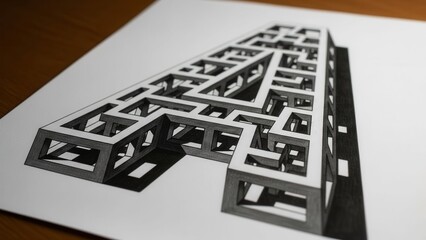 3D Letter A Drawing, Optical Illusion Maze, Geometric Architecture, Artistic Sketch