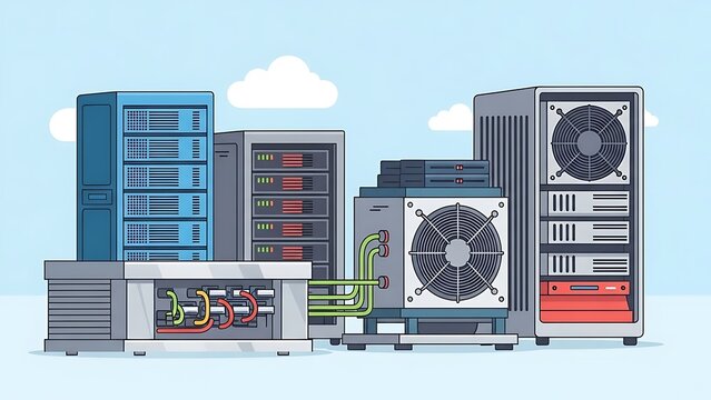 Detailed illustration of cloud computing infrastructure, showcasing server racks, cooling units, and network cabling. Perfect for data center, IT, and technology themes. - Powered by Adobe