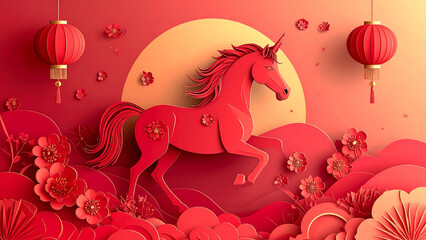 Cartoon red horse with a heart symbol running in a simple vector illustration style.chinese new year of the horse zodiac