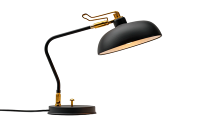 Elegant black desk lamp with gold accents; illuminates against a dark background