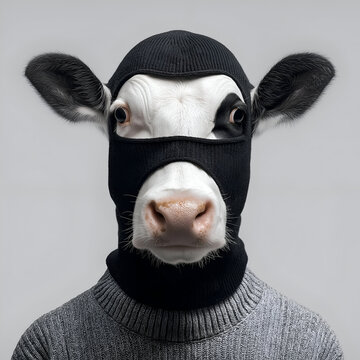 A creatively unique image featuring a cow in a black ski mask, blending humor and whimsy, perfect for quirky animal themes and marketing.