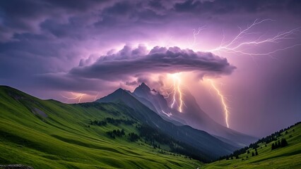 A powerful thunderstorm with lightning strikes over green hills and dramatic purple mountains at dusk.