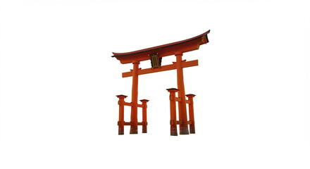 Vibrant orange Japanese torii gate boldly stands isolated on a bright white background a striking spiritual symbol. AI Generated