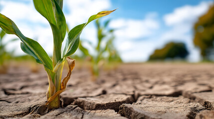 A close-up view of young corn plants sprouting from cracked, dry soil, symbolizing resilience and the impact of drought on agriculture.