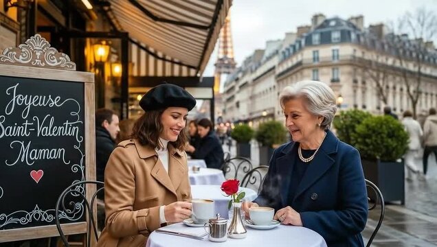 a cozy parisian cafe scene with two women enjoying coffee and conversation near the eiffel tower