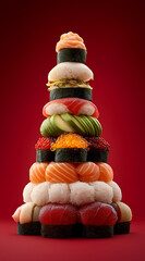 A colorful and artistic display of sushi stacked creatively against a vibrant red background, showcasing the variety and craftsmanship of Japanese cuisine.