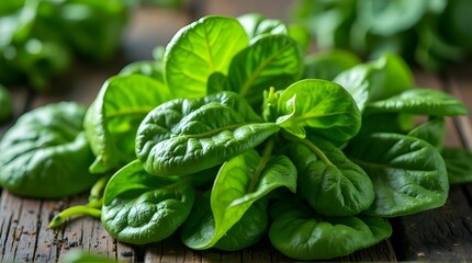 pile of fresh spinach on a wooden table