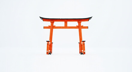 Bright orange traditional torii gate strikingly contrasts against a vast pristine white winter snow field minimalist aesthetic. AI Generated