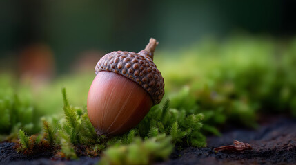 A close-up of a single acorn resting on vibrant green moss, showcasing the beauty of nature and the details of the acorn's texture and shape.