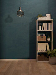 Shelf with book and decoration aside potted plant on wooden parquet floor and lamp in blue wall room.