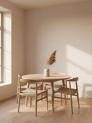Bright Scandinavian Dining Room Corner with Stucco Wall, Wooden Table, and Empty Copy Space - Minimalist Interior Design
