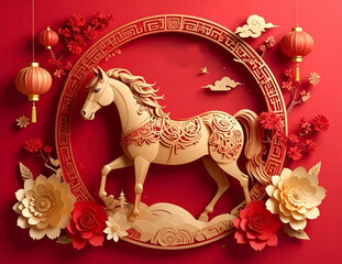 Red and golden vector illustration of a Chinese New Year dragon with ancient Thai patterns and festive ornaments for a holiday celebration card design