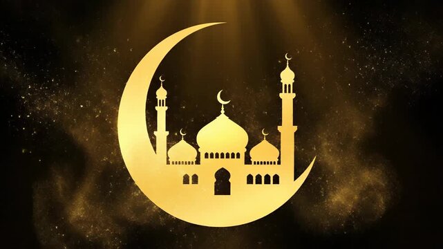 A glowing golden mosque silhouette inside a crescent moon symbolizes the festive ramadan celebration.