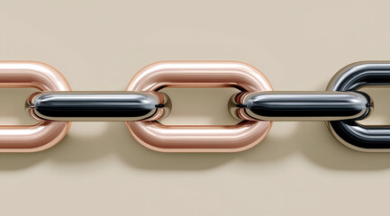 Obraz premium A close-up view of interlinked metallic chains in sleek designs, showcasing a blend of rose gold, black, and silver tones against a neutral background.