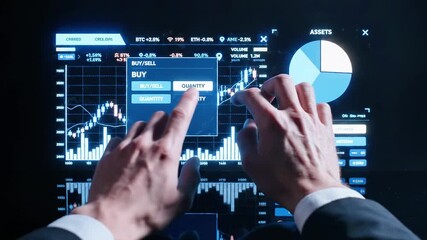 A person in a suit interacts with a futuristic digital screen displaying various financial charts and graphs - Powered by Adobe
