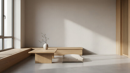 Serene Japandi Style Living Room with Low Wooden Furniture, Blank Walls, and Natural Light - Minimalist Home Interior.