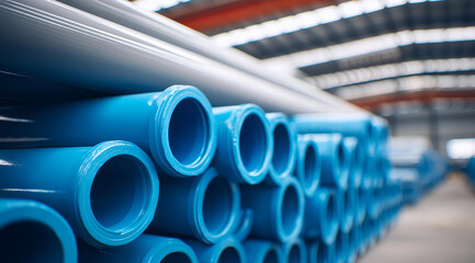 A close-up view of stacked blue pipes in a factory setting. These industrial materials represent modern manufacturing and supply chain efficiency.
