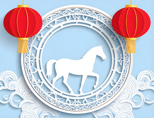 Chinese new year cutting paper with red lantern and white horse