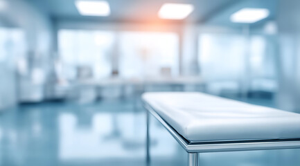 A modern healthcare setting showcasing an empty examination table in a bright, clean medical room that emphasizes comfort and care for patients.