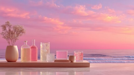 A stylish minimalist party setup featuring floating shelves with drinks.