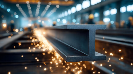A close-up view of a steel beam in a factory. Sparks fly as it undergoes processing, showcasing the industrial environment and manufacturing technology.