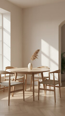 Bright Scandinavian Dining Room Corner with Stucco Wall, Wooden Table, and Empty Copy Space - Minimalist Interior Design