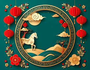 Chinese new year of horse banner popularity. red and golden