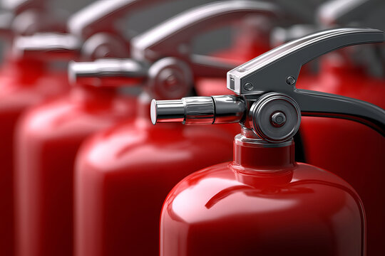 A close-up view of red fire extinguishers lined up. This image highlights the importance of fire safety equipment in industrial settings.
