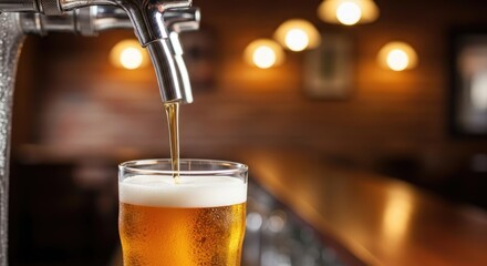 A glass of beer being poured from a tap into a glass on a bar counter.