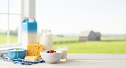 Background of dairy product that have chees milk Yogurt with green nature background copy space