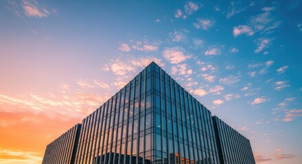 A modern glass skyscraper against a vibrant sunset sky.