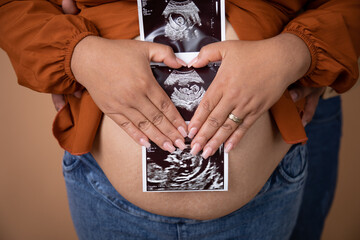 Pregnant woman big belly final weeks of pregnancy gender reveal