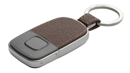 Brown leather, chrome key fob with silver ring, angled on black background