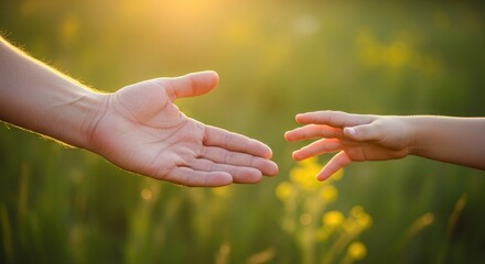 Two hands reaching out to each other in a field of yellow flowers.