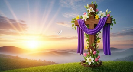 A wooden cross adorned with flowers and purple cloth, set against a serene mountain landscape at sunset.
