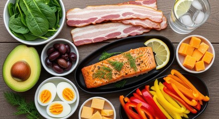 A wooden table with a black plate containing a piece of salmon, a slice of lemon, and a bowl of spinach.