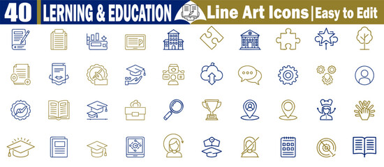 Forty learning and education outline icons shown in blue and gold colors vector illustration.