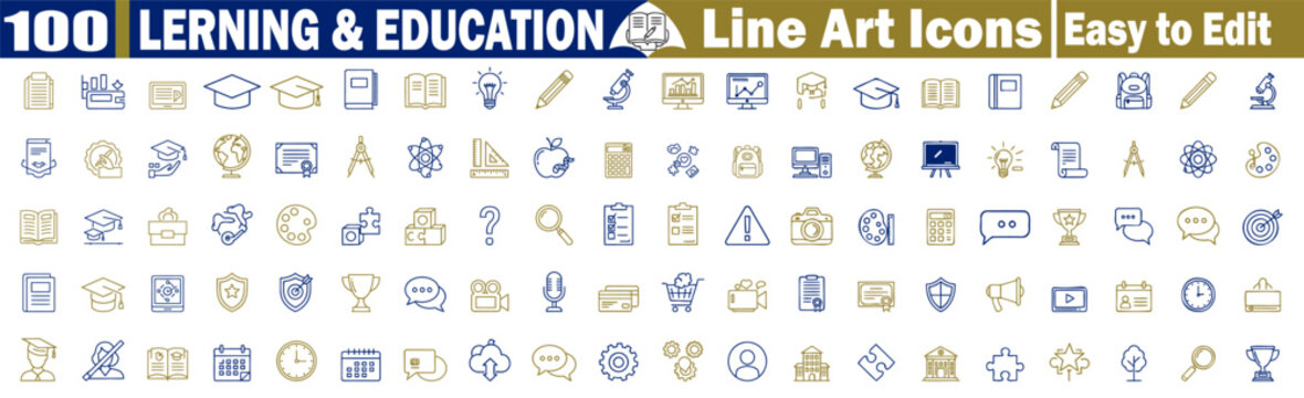 One hundred education line icons blue and gold for academic concepts and subjects vector illustration.