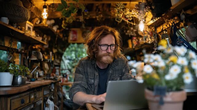 A man with a beard is focused on his laptop at a small desk inside a tiny house. Plants and shelves fill the background, creating a cozy environment for work