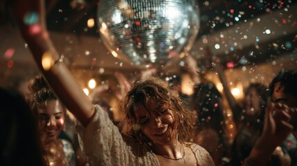 Joyful disco party scene with diverse friends dancing together under colorful lights.