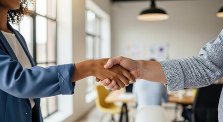 Two businesswomen shaking hands in an office setting.
