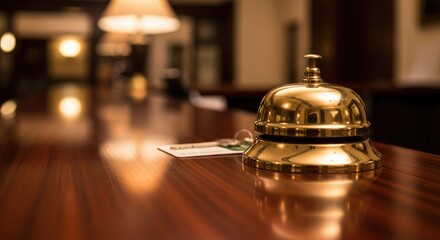 A hotel reception bell on a wooden desk.