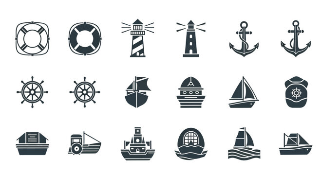 Set of nautical and maritime icons including anchors, lighthouses, ships, and steering wheels.